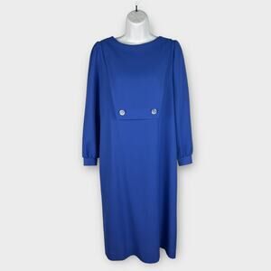 Vintage 60s Country Miss Blue Long Sleeve Shift Dress Modest Office Career Sz 12